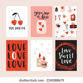 Set of 6 cute ready-to-use gift romantic postcards. Gifts, hearts, cups and hand drawn lettering. Vector printable collection of Valentine's Day doodle card, invitation, poster