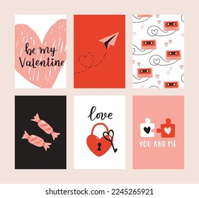 Set of 6 cute ready-to-use gift romantic postcards. Gifts, hearts, cups and hand drawn lettering. Vector printable collection of Valentine's Day doodle card, invitation, poster