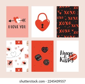 Set of 6 cute ready-to-use gift romantic postcards. Gifts, hearts, cups and hand drawn lettering. Vector printable collection of Valentine's Day doodle card, invitation, poster