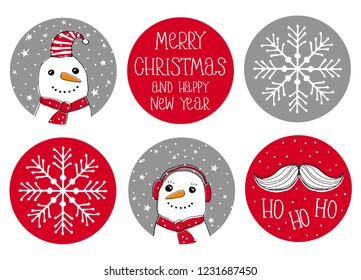 Set of 6 Cute Round Shape Christmas Vector Stickers. Santa Claus Moustache, White Snowmans, Snow Flakes and Merry Christmas and Happy New Year Text. Red and Gray Background. Lovely Simple Xmas Tags.