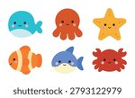 Set of 6 cute sea creature characters including whale, octopus, starfish, clownfish, shark, and crab. Minimalist vector doodles isolated on a white background for kids design and baby nursery decor.