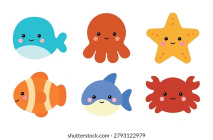 Set of 6 cute sea creature characters including whale, octopus, starfish, clownfish, shark, and crab. Minimalist vector doodles isolated on a white background for kids design and baby nursery decor.