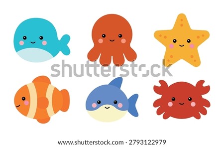 Set of 6 cute sea creature characters including whale, octopus, starfish, clownfish, shark, and crab. Minimalist vector doodles isolated on a white background for kids design and baby nursery decor.