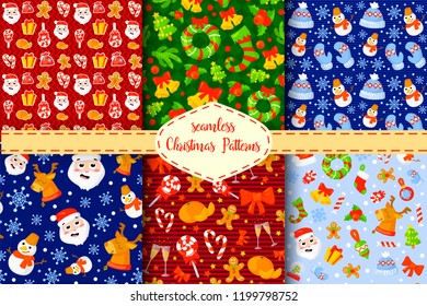 Set of 6 cute seamless New Year s christmas patterns. Cartoon style. Creative textures. For Christmas, wedding, anniversary, birthday,  party invitations. Vector illustration.