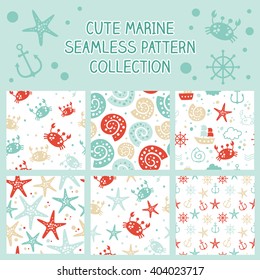 Set of 6 cute seamless patterns with marine theme design. Vector illustration. 
