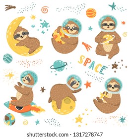 Set of 6 cute sloths astronauts, stars, planets. Funny baby sloth in space sleeping on the moon, playing with star, lying on the moon, holding planet, sitting on the rocket. Childish vector design