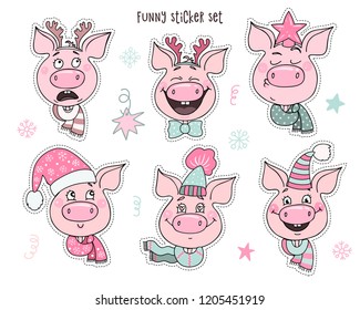 Set of 6 cute stickers pigs with emotions of joy, happiness, fright, arrogance. Pigs are dressed in Christmas hats - Santa's hat, deer horns, a star. Symbol of the year 2019