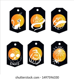 Set of 6 cute tags, labels, Halloween in the current color palette. Orange / Black / White.