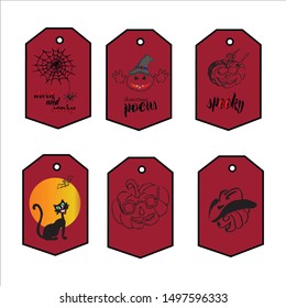 Set of 6 cute tags, labels, Halloween in the current color palette. Orange / Black / White.