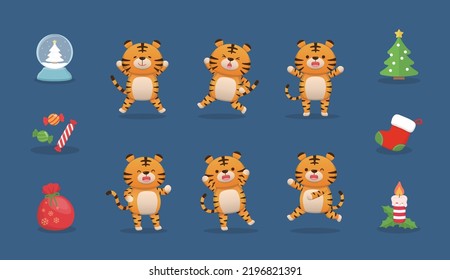 Set of 6 cute tiger mascots, elements for Christmas, glass snowball with christmas tree and stockings, vector cartoon style composition