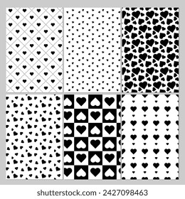  Set of 6 cute trendy Black hearts pattern isolated on white background. Vector illustration sets