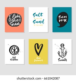 Set of 6 cute unique card templates with lettering. Vector illustration. Hand Drawn card for the hot Summer time.