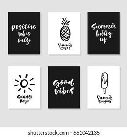 Set of 6 cute unique card templates with lettering. Vector illustration. Hand Drawn card for the hot Summer time.