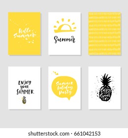 Set of 6 cute unique card templates with lettering. Vector illustration. Hand Drawn card for the hot Summer time.