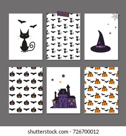 Set of 6 cute vector Halloween cards and patterns of pumpkin, castle, cat, ghost, candy, bat, hat. Elements, objects for holiday invitation and party design.