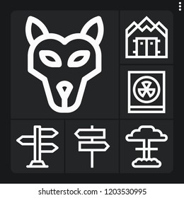 Set of 6 danger outline icons such as road sign, radioactivity, war shelter, wolf, nuclear