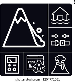 Set of 6 danger outline icons such as voltage, flood, landslide, volcano, seatbelt