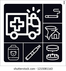 Set of 6 danger outline icons such as ambulance, hurricane, cigarette, grinder