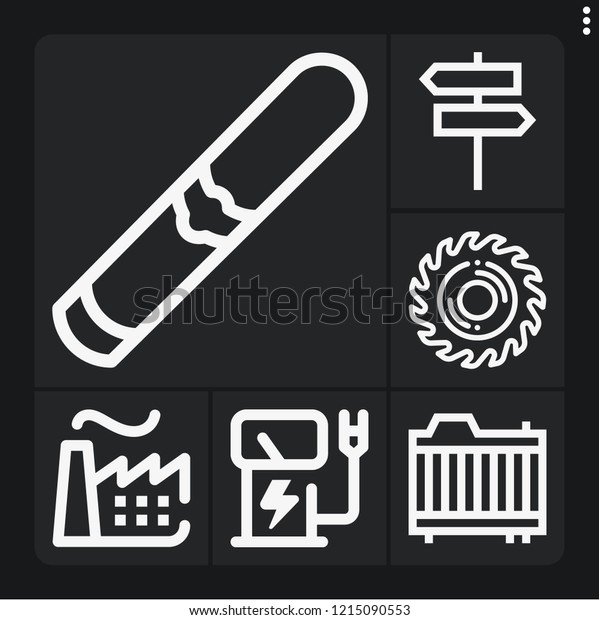 Set of 6 danger outline icons\
such as nuclear plant, electric tower, saw, cigarette,\
radiator