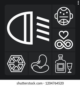 Set of 6 dark outline icons such as absinthe, beans, car light, sith, hockey mask