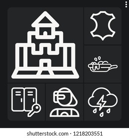 Set of 6 dark outline icons such as leather, thunderstorm, lockers, cyborg, medieval