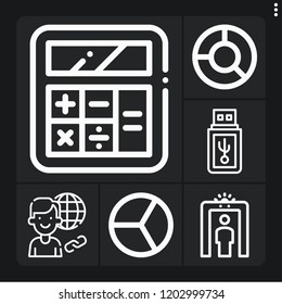 Set of 6 data outline icons such as calculator, pendrive, scan, connection