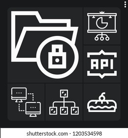 Set of 6 data outline icons such as diagram, pie chart, local network, api, pie