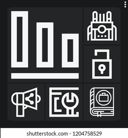 Set of 6 data outline icons such as manual, machine, bar chart, browser, share