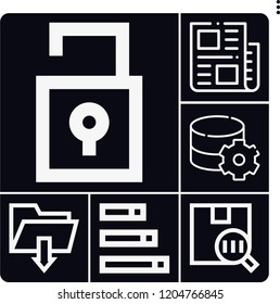 Set of 6 data outline icons such as news, barcode, bar chart, download, data storage
