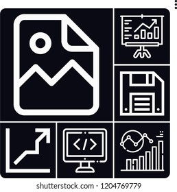 Set of 6 data outline icons such as coding, analytics, image file, diskette, line chart