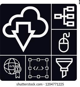 Set of 6 data outline icons such as funnel, coding, worldwide, mouse, download