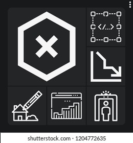 Set of 6 data outline icons such as project, scan, coding, block, line chart