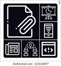 Set of 6 data outline icons such as attached file, pie chart, free wifi, sharing, coding