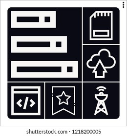 Set of 6 data outline icons such as save button, upload, bar chart, antenna, coding