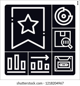 Set of 6 data outline icons such as save button, barcode, bar chart, pie chart