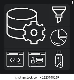 Set of 6 data outline icons such as chart, funnel, password, usb, data storage