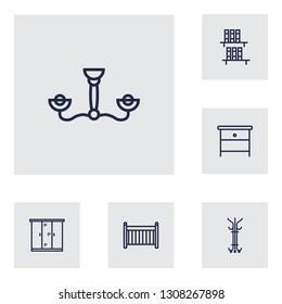 Set of 6 decor icons line style set. Collection of coat stand, bookcase, cot elements.