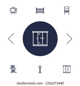 Set of 6 decor icons line style set. Collection of cot, coat stand, stool elements.