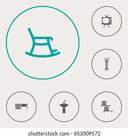 Set Of 6 Decor Icons Set.Collection Of Television, Rocking Furniture, Coat Stand Elements.