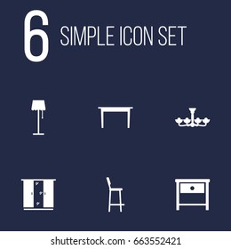 Set Of 6 Decor Icons Set.Collection Of Desk, Luster, Chair And Other Elements.