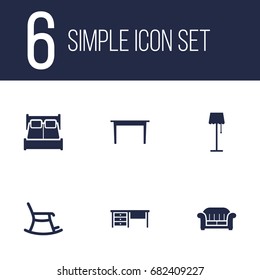 Set Of 6 Decor Icons Set.Collection Of Couch, Desk, Bedroom And Other Elements.