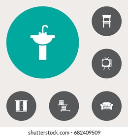 Set Of 6 Decor Icons Set.Collection Of Sink, Stool, Television And Other Elements.