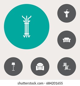 Set Of 6 Decor Icons Set.Collection Of Sofa, Sink, Bookcase And Other Elements.