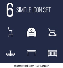Set Of 6 Decor Icons Set.Collection Of Desk, Rocking Furniture, Chair And Other Elements.