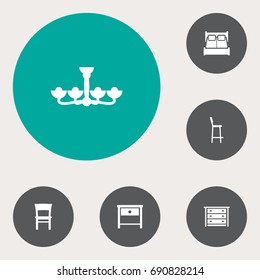 Set Of 6 Decor Icons Set.Collection Of Bedroom, Stool, Chair And Other Elements.