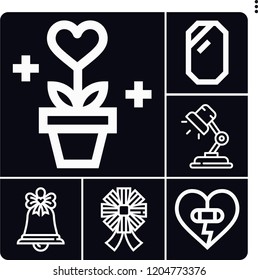 Set of 6 decor outline icons such as ribbons, christmas bell, lamp, heart, plant