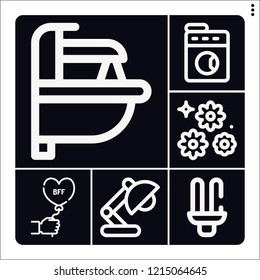 Set of 6 decor outline icons such as lamp, flowers, sink, desk lamp, laundry