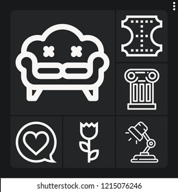 Set of 6 decor outline icons such as lamp, column, heart, leather, sofa