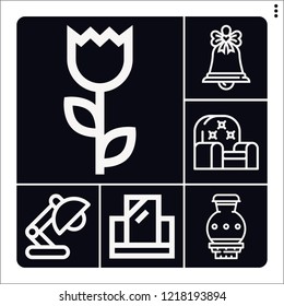 Set of 6 decor outline icons such as christmas bell, sofa, vase, desk lamp, mirror