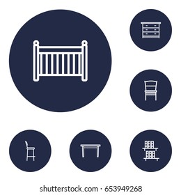 Set Of 6 Decor Outline Icons Set.Collection Of Chair, Crib, Bar Stool And Other Elements.
